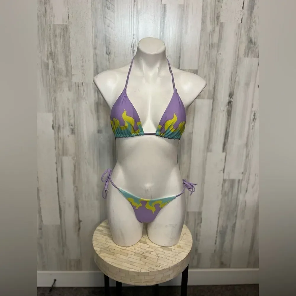 Purple Flame Graphic String Bikini Set Womens Size Small S 2 Piece Swimsuit Halt